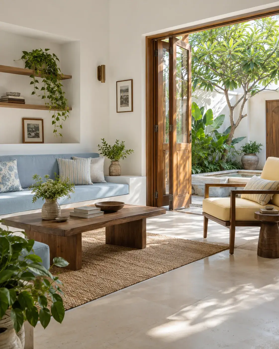 An illustrative light-filled living room with blue seating opening onto a green courtyard